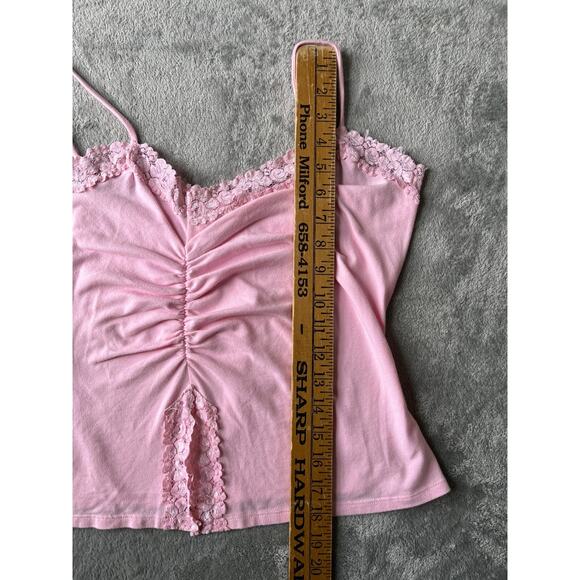 Vintage Y2K Pink Cami Tank Top Large USA Ruched Lace Fairy Dainty Stretchy 2000s - Picture 11 of 13